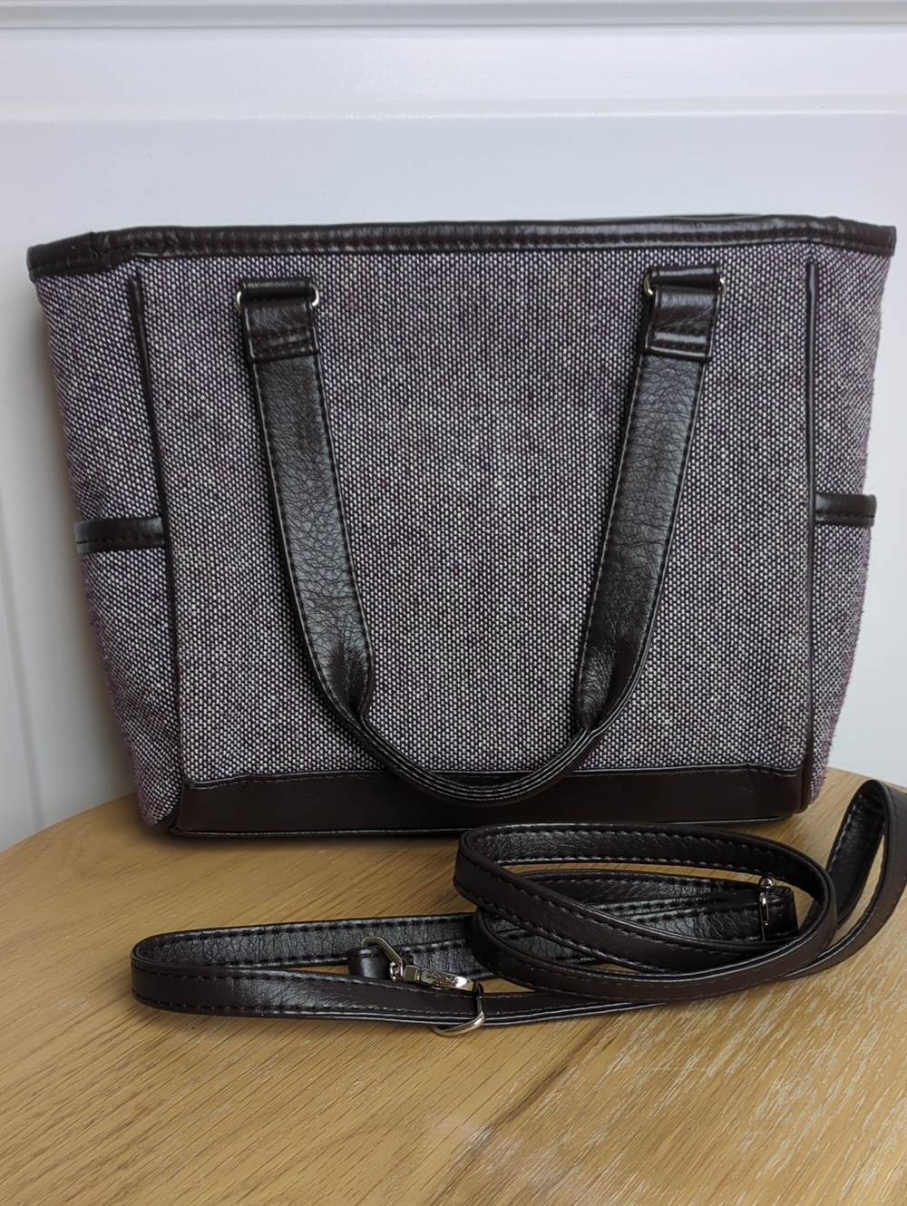 thirty-one Gray Textured Shoulder Tote with Dark Brown Trim